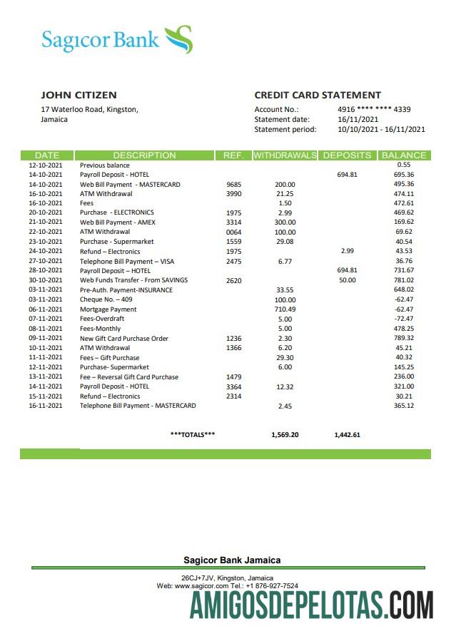 Exemplo de extrato bancário da Jamaica Sagicor